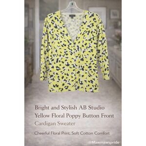 AB Studio Womens Yellow Floral Poppy Button Front Cardigan Sweater Size L Cotton